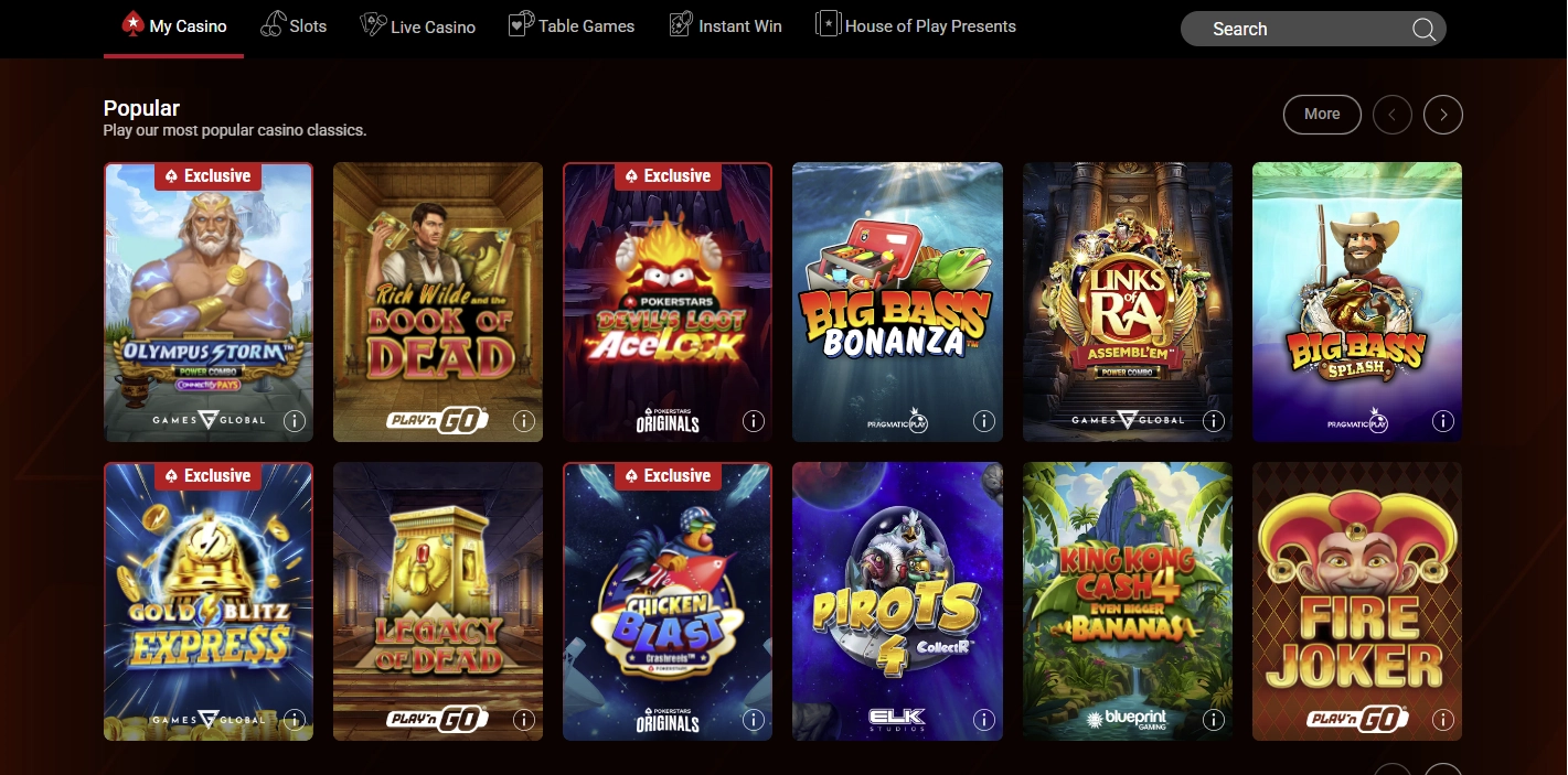 Selección de juegos destacados en Pokerstars Casino